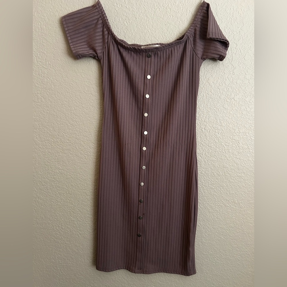 Say What? Off-Shoulder Button-Down Midi Dress in Purple